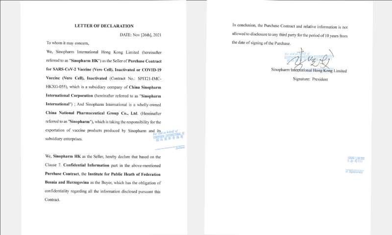 Faksimil dopisa kineske kompanije Sinopharm od 26. novembra 2021. godine kojim je odbijen zahtjev iz FBiH da se odustane od ugovorne obaveze desetogodišnje tajnosti ugovora - Avaz