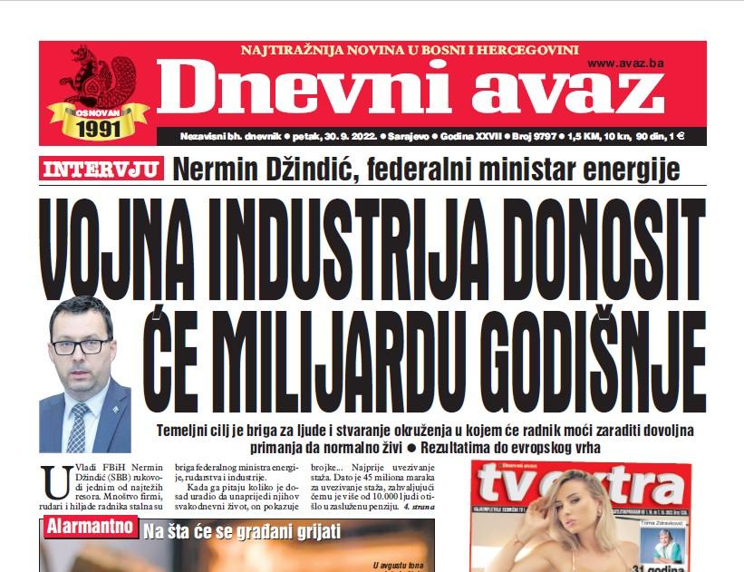 Danas u "Dnevnom avazu" čitajte: Vojna industrija donosit će milijardu godišnje