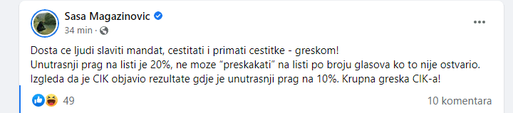 Facebook status Saše Magazinovića - Avaz