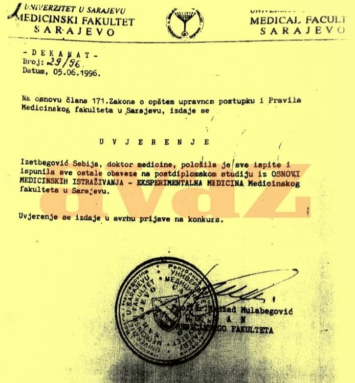 Faksimil uvjerenja od 5. juna 1996. godine kojim Medicinski fakultet potvrđuje da je Izetbegović položila sve ispite - Avaz