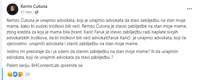 Facebook status Kerima Čutune - Avaz