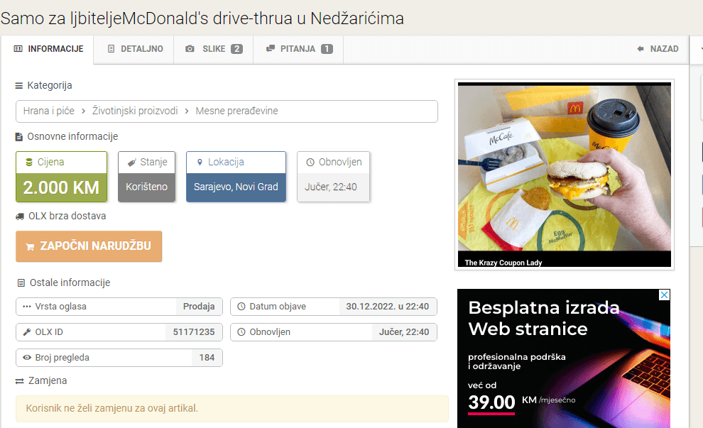 Oglas na Olx-u - Avaz