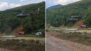 Video / Pogledajte kako helikopter OSBiH nosi vodu iz improvizovanog bazena u Tršću na požarište Crni vrh