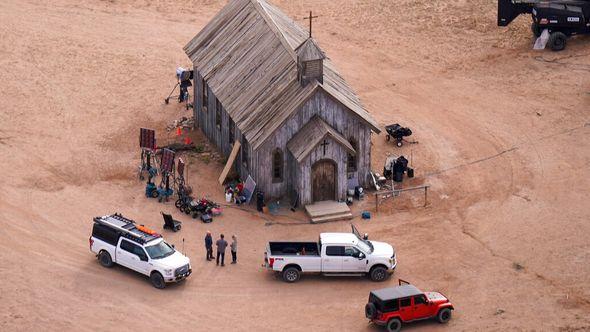 This aerial photo shows the movie set of "Rust" at Bonanza Creek Ranch in Santa Fe - Avaz