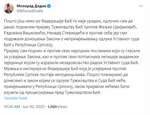 Objava Dodika - Avaz