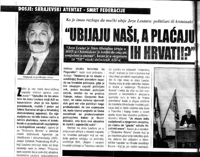 Faksimil teksta objavljenog u SB prije 18 godina u kojem se tvrdi da je atentat na Leutara „nedvosmislena poruka hrvatskom narodu u Sarajevu, kao što su to bile i eksplozije na hrvatskim i katoličkim objektima uoči dolaska pape Ivana Pavla Drugog“ - Avaz