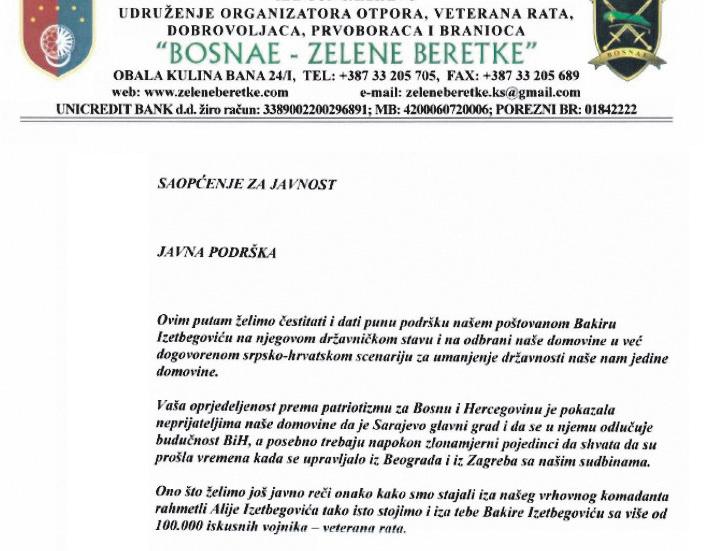 Faksimili podrške „Zelenih beretki“ i Koordinacije boračkih organizacija Bakiru Izetbegoviću - Avaz