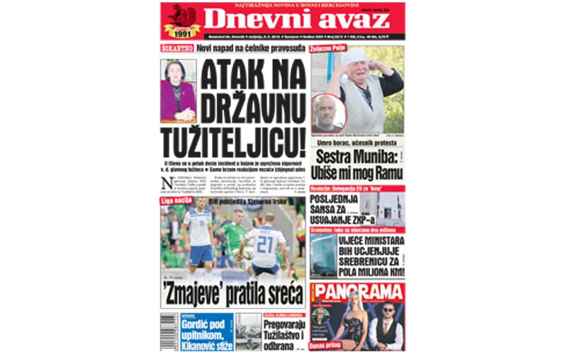 Danas u "Dnevnom avazu" čitajte: Atak na državnu tužiteljicu!