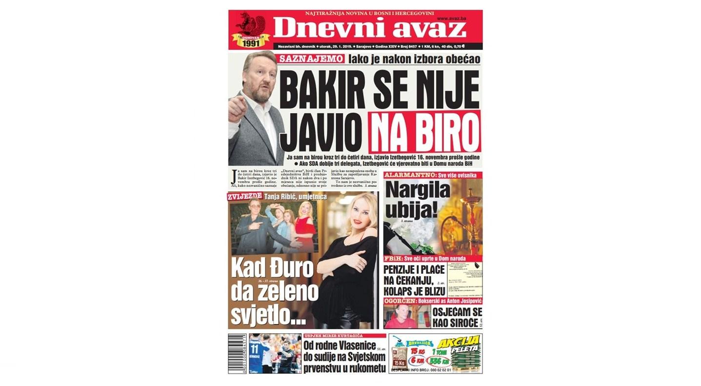 Danas u "Dnevnom avazu" čitajte: Bakir se nije javio na biro