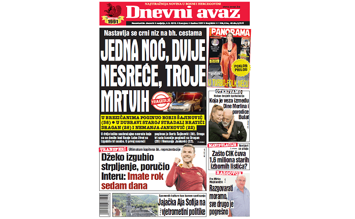 Danas u "Dnevnom avazu" čitajte: Jedna noć, dvije nesreće, troje mrtvih