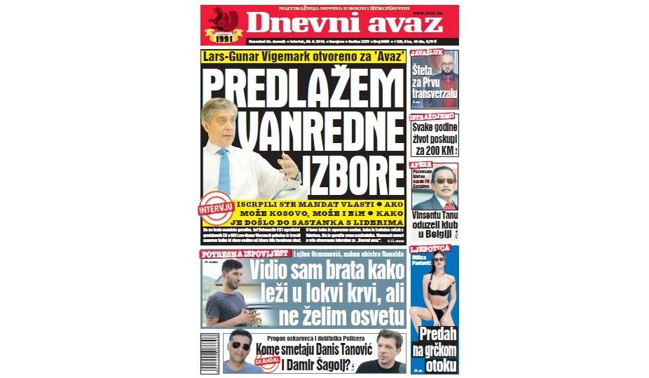 U današnjem "Dnevnom avazu" čitajte: Vigemark: Predlažem vanredne izbore