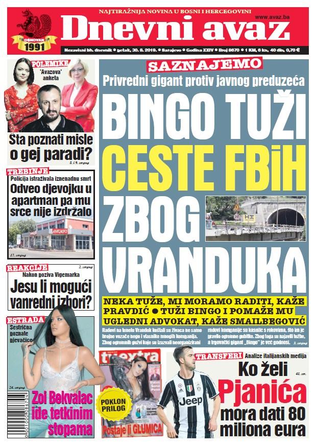 Naslovnica današnjeg izdanja "Dnevnog avaza" - Avaz