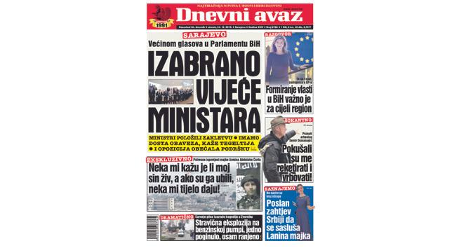 Danas u "Dnevnom avazu" čitajte: Izabrano Vijeće ministara