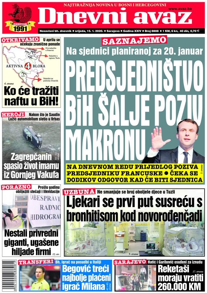 Naslovnica "Dnevnog avaza" za 15. januar 2020. godine - Avaz