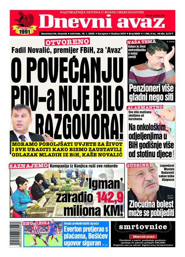 Naslovnica „Dnevnog avaza“ za 16. januar 2020. godine - Avaz