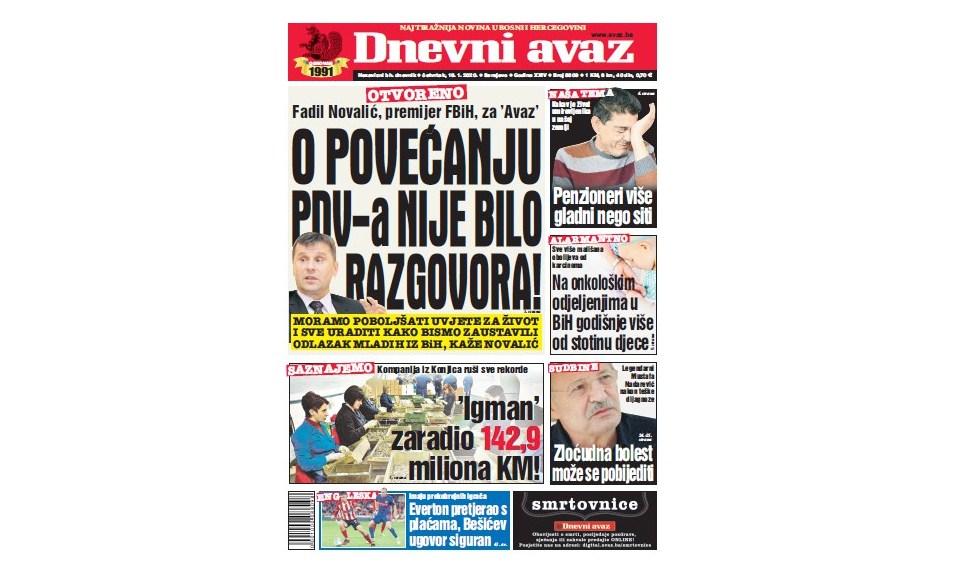 Danas u "Dnevnom avazu" čitajte: Nije se razgovaralo o povećanju PDV-a