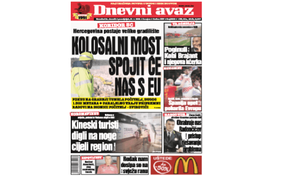 Danas u "Dnevnom avazu" čitajte: Kolosalni most spojit će nas s EU