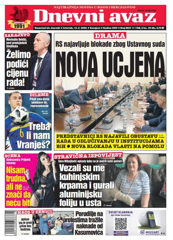 Naslovna stranica "Dnevnog avaza" - Avaz