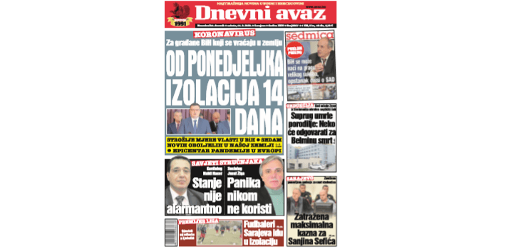 Danas u "Dnevnom avazu" čitajte: Od ponedjeljka izolacija 14 dana