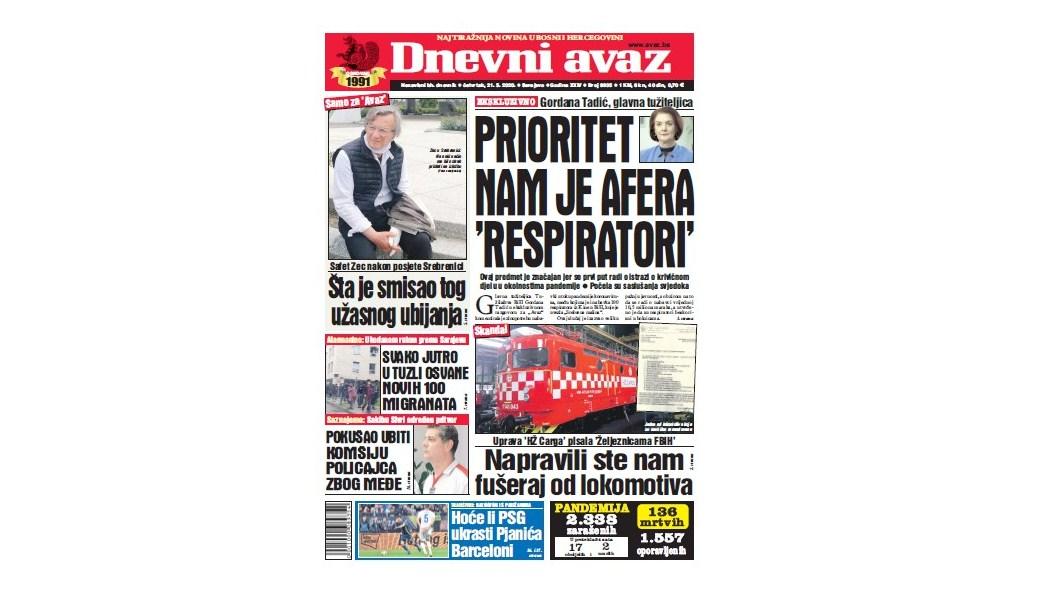 Danas u "Dnevnom avazu" čitajte: Prioritet nam je afera „Respiratori“