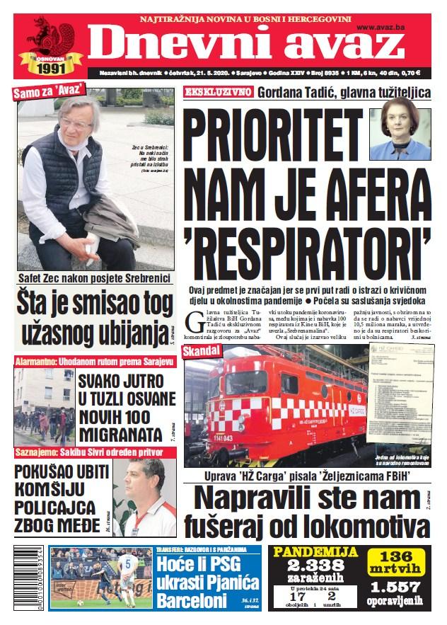 Naslovna strana "Dnevnog avaza" za 21.5.2020. - Avaz