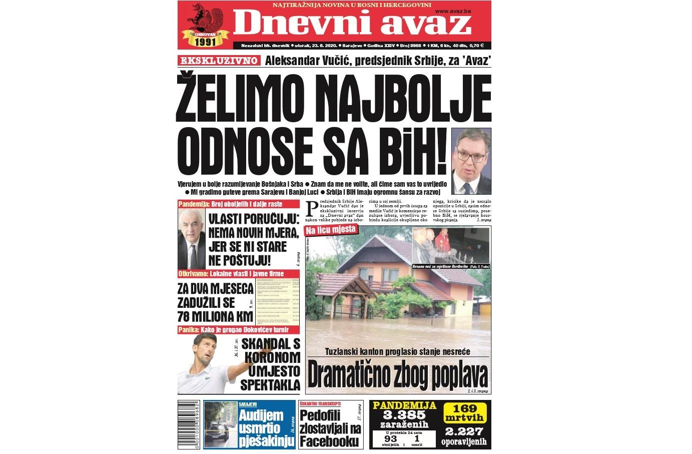 Danas u "Dnevnom avazu" čitajte: Želimo najbolje odnose sa BiH!