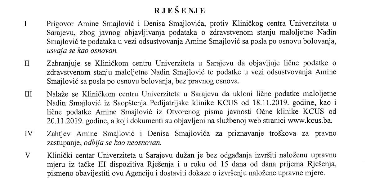 Faksimil rješenja Agencije za zaštitu ličnih podataka - Avaz