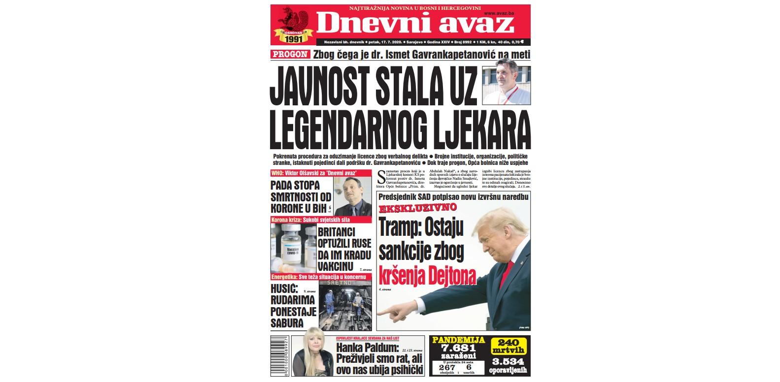 Danas u "Dnevnom avazu" čitajte: Javnost stala uz legendarnog ljekara