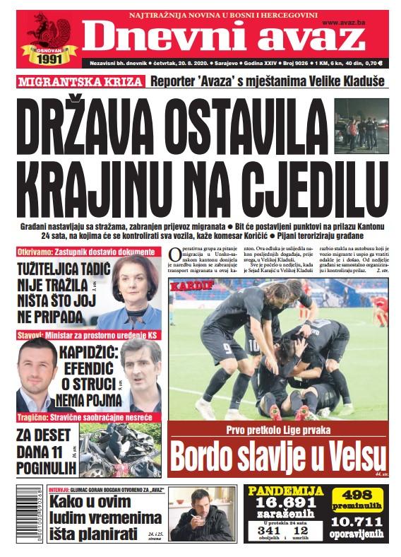 Današnja naslovna strana "Dnevnog avaza" - Avaz