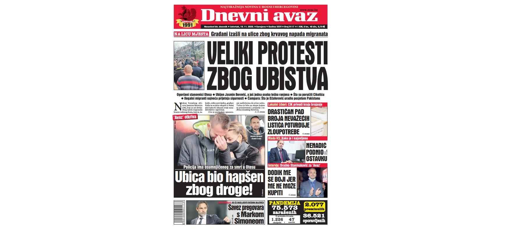 U današnjem broju "Dnevnog avaza" čitajte: Veliki protesti zbog ubistva