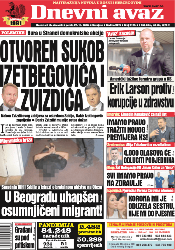 Današnja naslovna strana "Dnevnog avaza" - Avaz