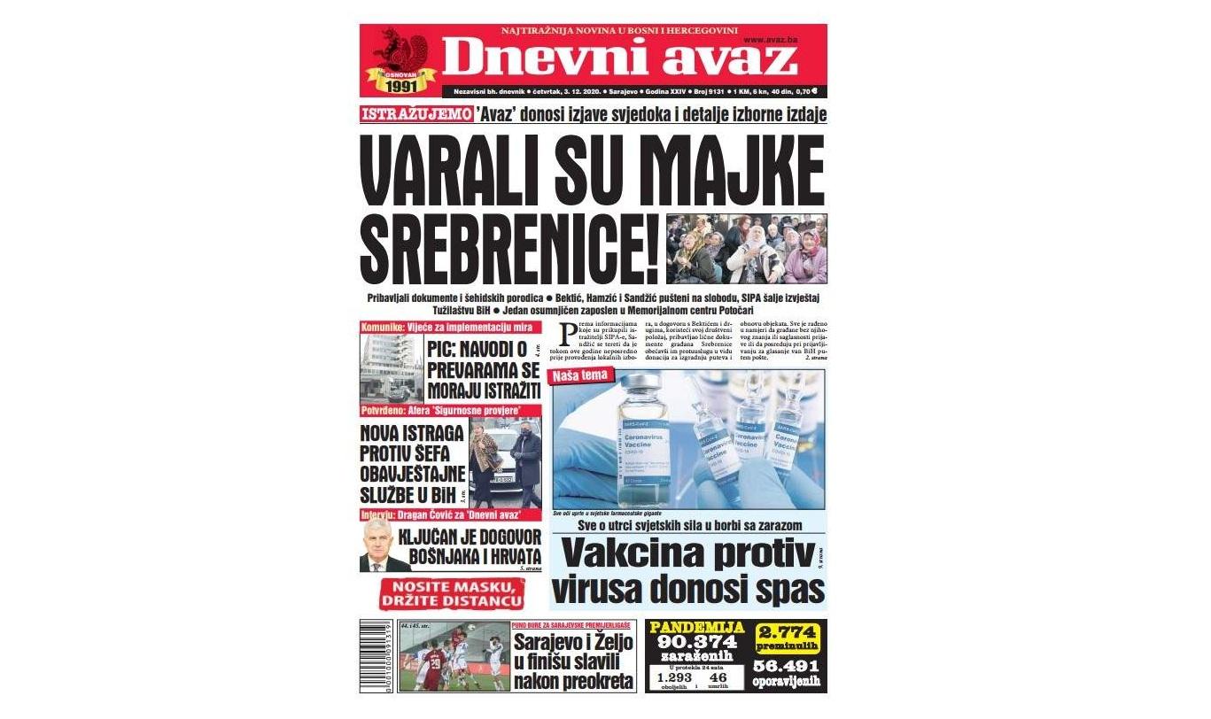 Danas u "Dnevnom avazu" čitajte: Varali su majke Srebrenice