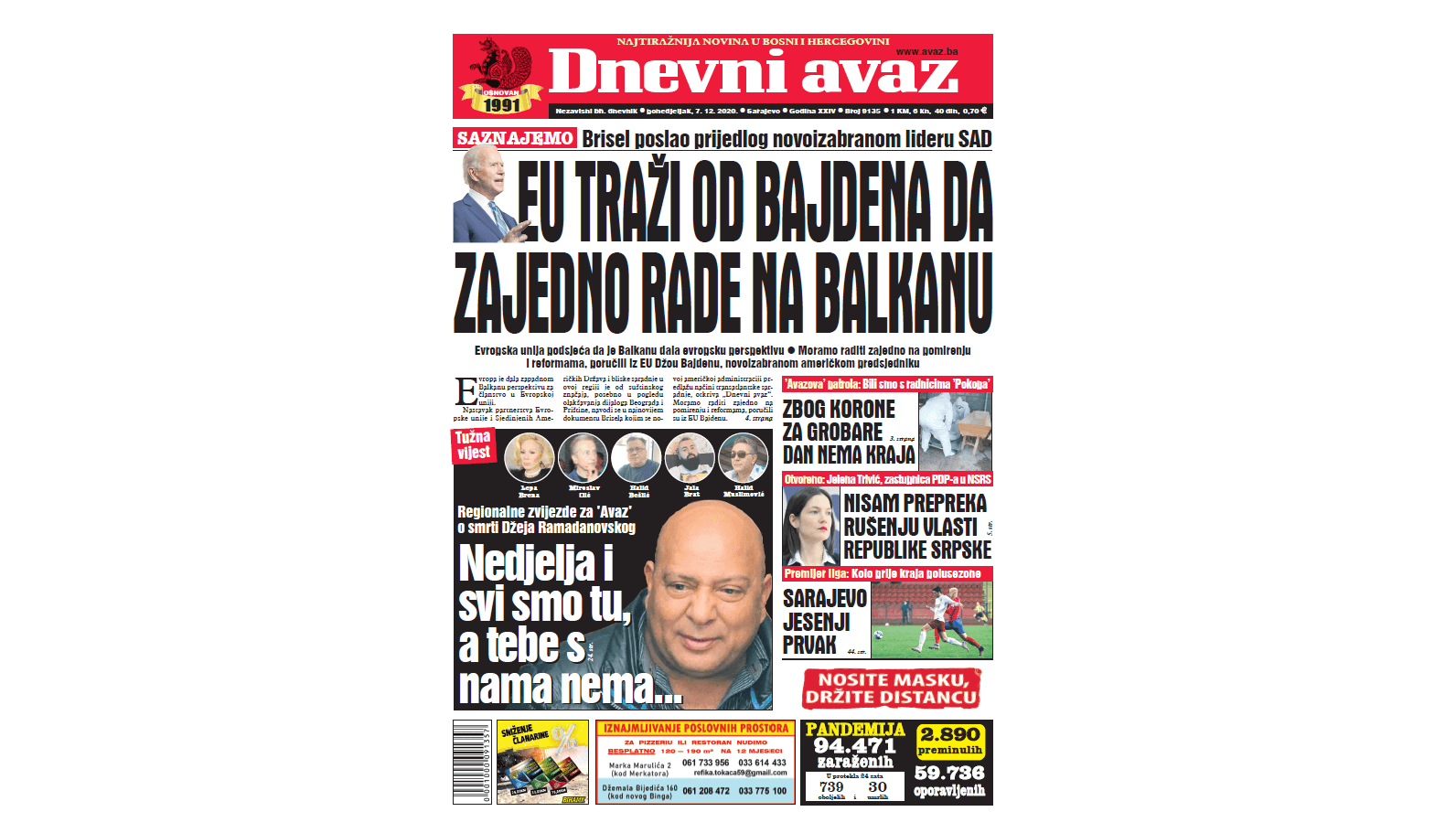 Danas u "Dnevnom avazu" čitajte: EU traži od Bajdena da zajedno rade na Balkanu