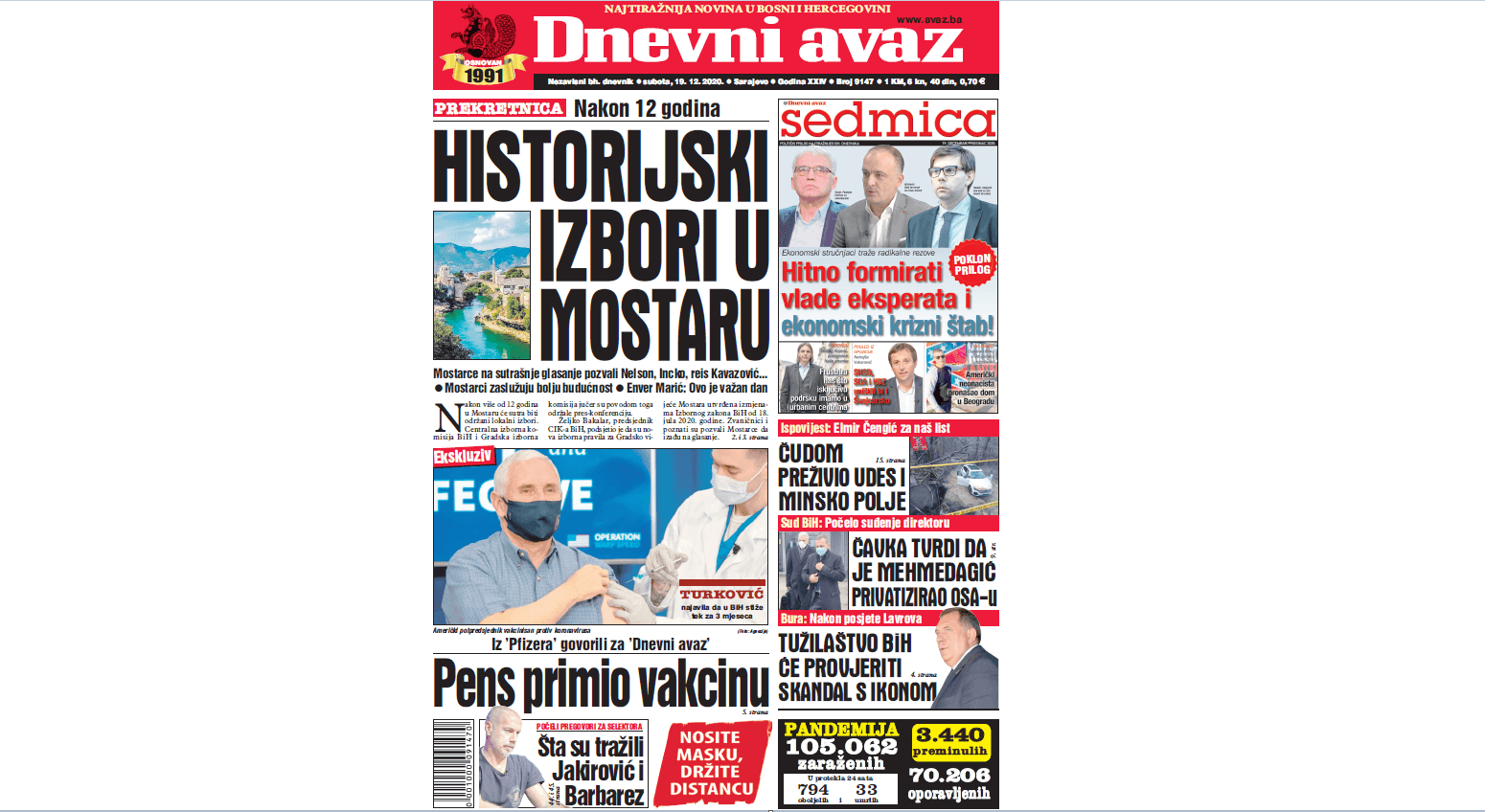 Danas u "Dnevnom avazu" čitajte: Historijski izbori u Mostaru