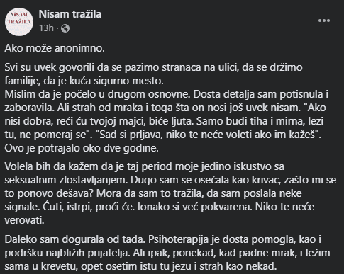 Jedna od objava na Facebook stranici "Nisam tražila" - Avaz