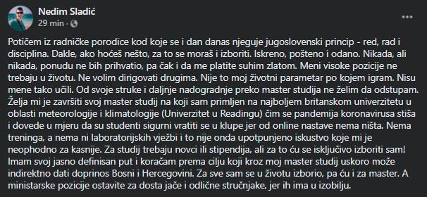 Status na Facebooku Nedima Sladića - Avaz