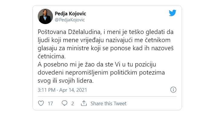 Objava Predraga Kojovića na Twitteru - Avaz