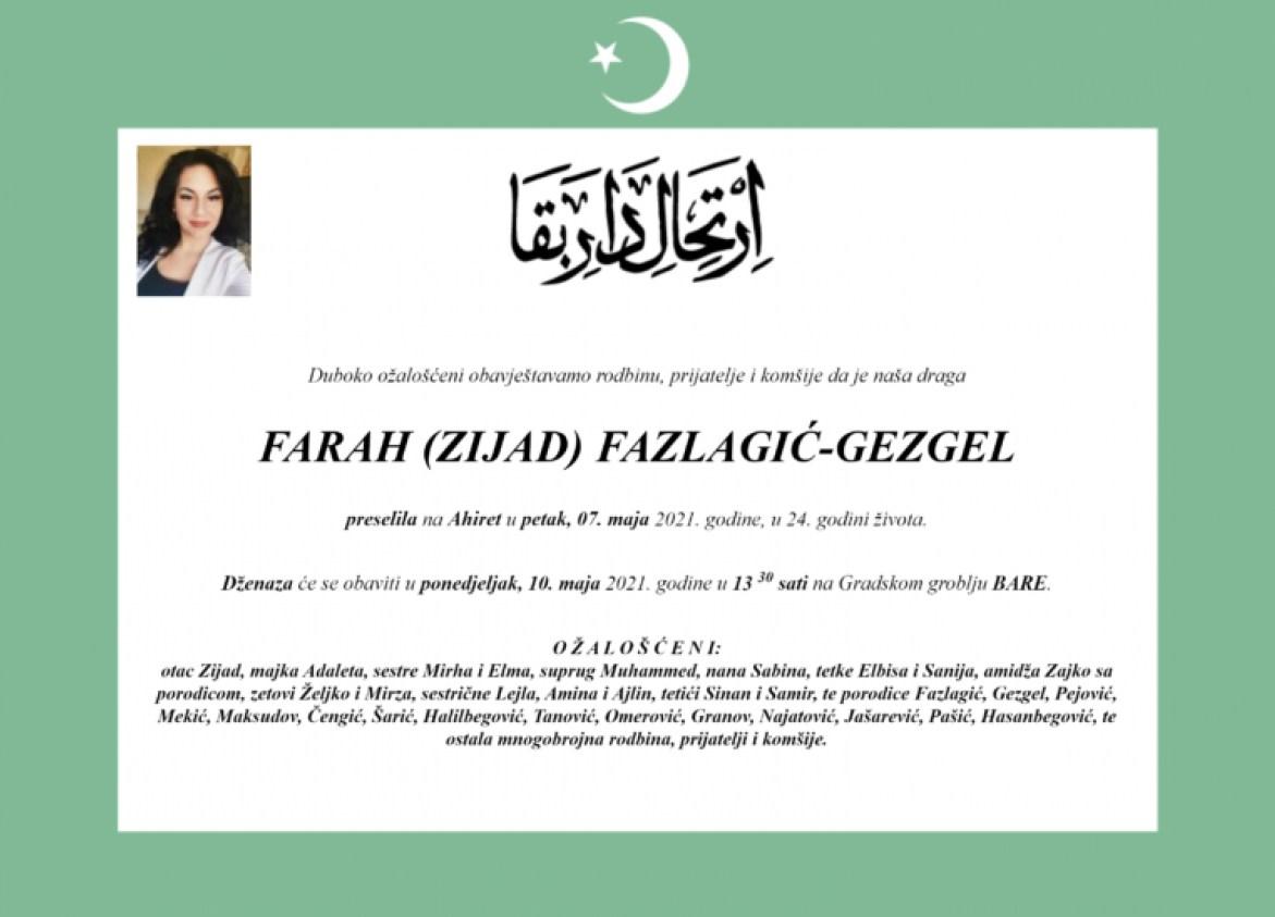 Smrtovnica Farah Fazlagić-Gezgel - Avaz