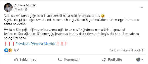 Faksimil statusa Arijane Memić - Avaz