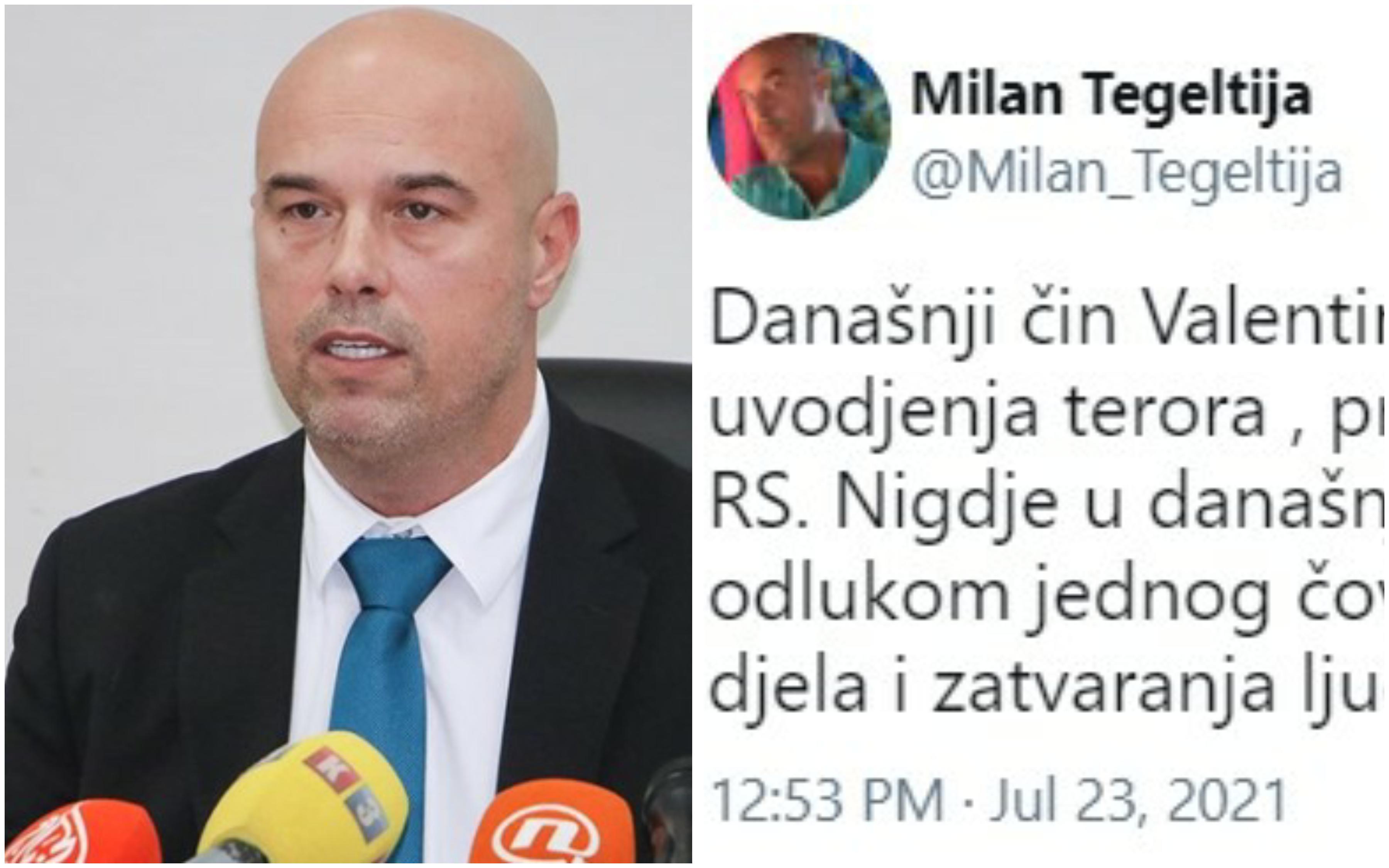 Milan Tegeltija zbori kao i Dodik: Čin Valentina Incka je nezapamćeni početak uvođenja terora nad građanima RS