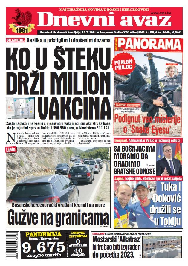 Današnja naslovna strana "Dnevnog avaza" - Avaz