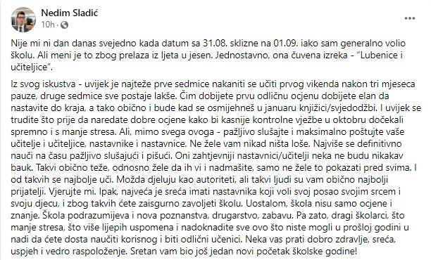 Sladićev post na Facebooku - Avaz