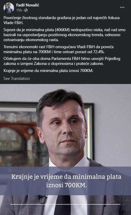 Objava Fadila Novalića na Facebooku - Avaz