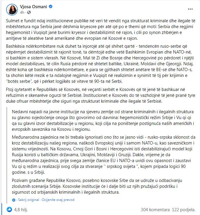 Osmani objavila komentar na Facebooku - Avaz