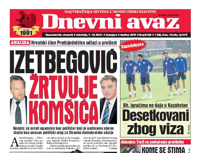 Danas u "Dnevnom avazu" čitajte: Izetbegović žrtvuje Komšića