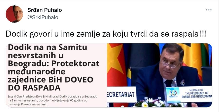 Objava Srđana Puhala na Twitteru - Avaz