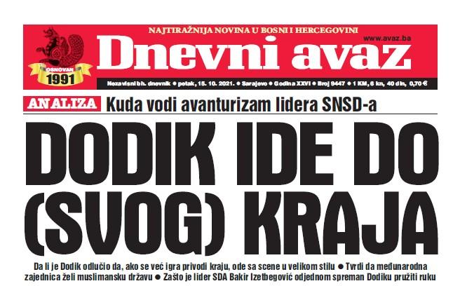 Danas u "Dnevnom avazu" čitajte: Dodik ide do (svog) kraja