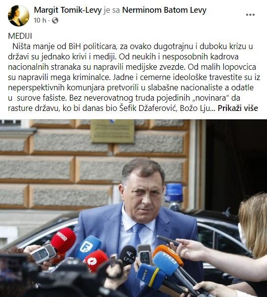 Objava Margit Tomik-Levy na Faceboku - Avaz