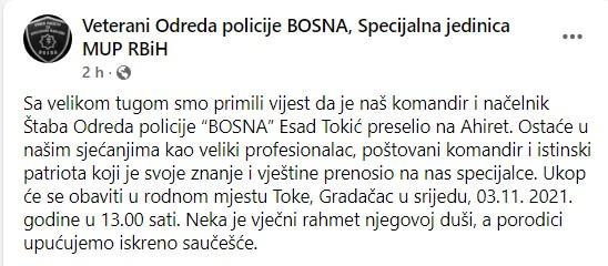 Objava na Facebook stranici „Veterani Odreda policije Bosna, Specijalna jedinica MUP RBiH“ - Avaz