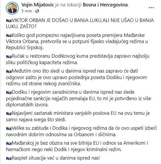 Objava Mijatovića na Facebooku - Avaz